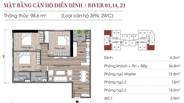 Thiết kế căn hộ 98m2 3 ngủ tại Eurowindow River Park chân cầu Đông Trù